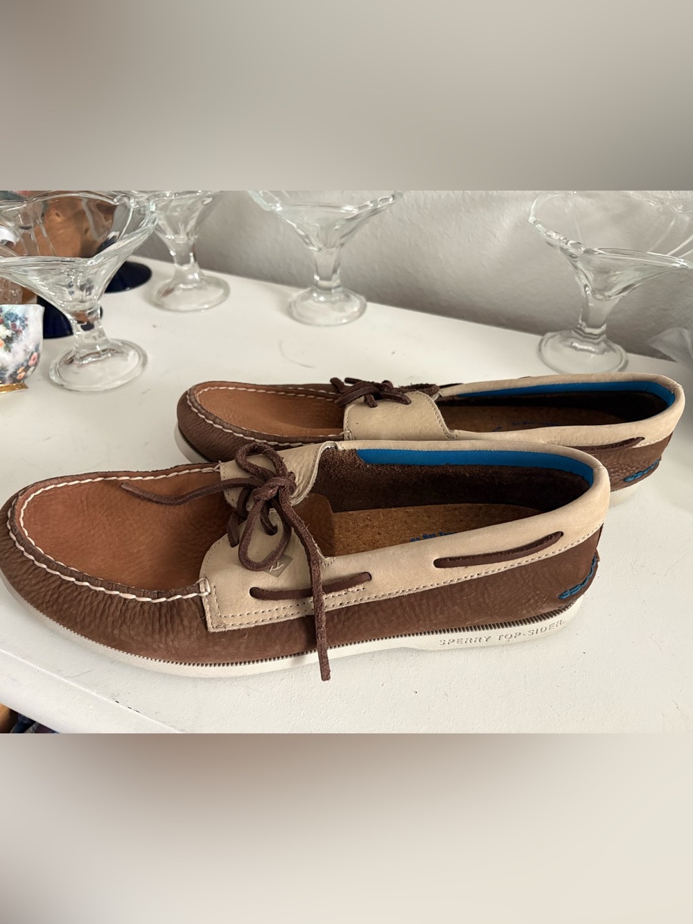Sperry Two-Tone Brown and Cream Leather Boat Shoes with Blue Accent